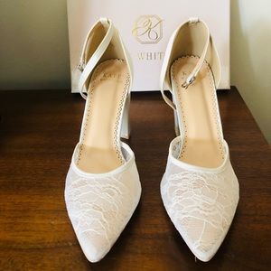 Kate Whitcomb - ivory 3.5 inch wedding heels with satin and lace; worn once